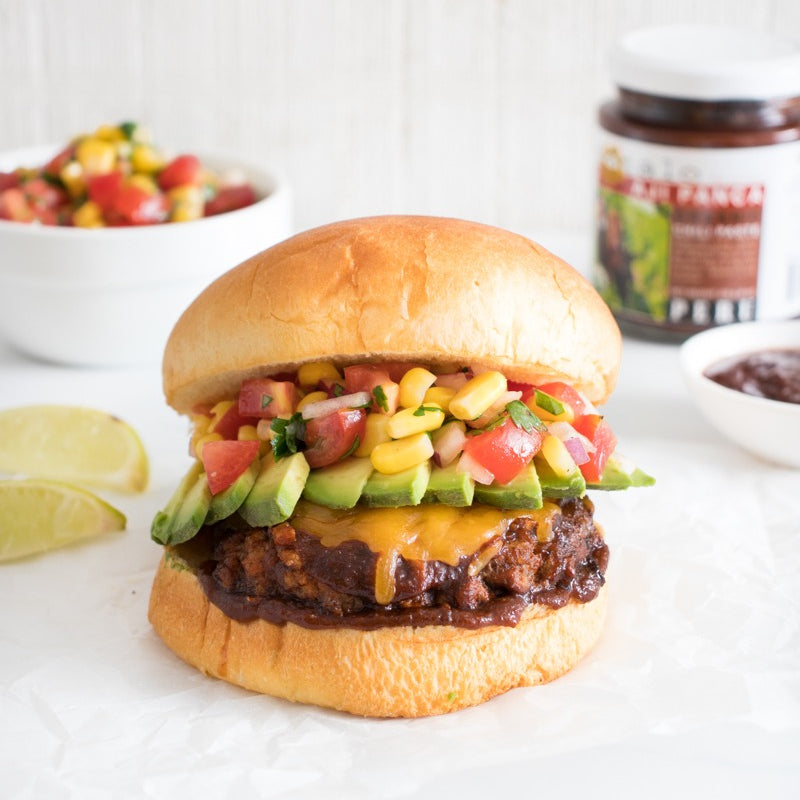 Aji BBQ Glazed Burger with Tomato Corn Relish and Avocado