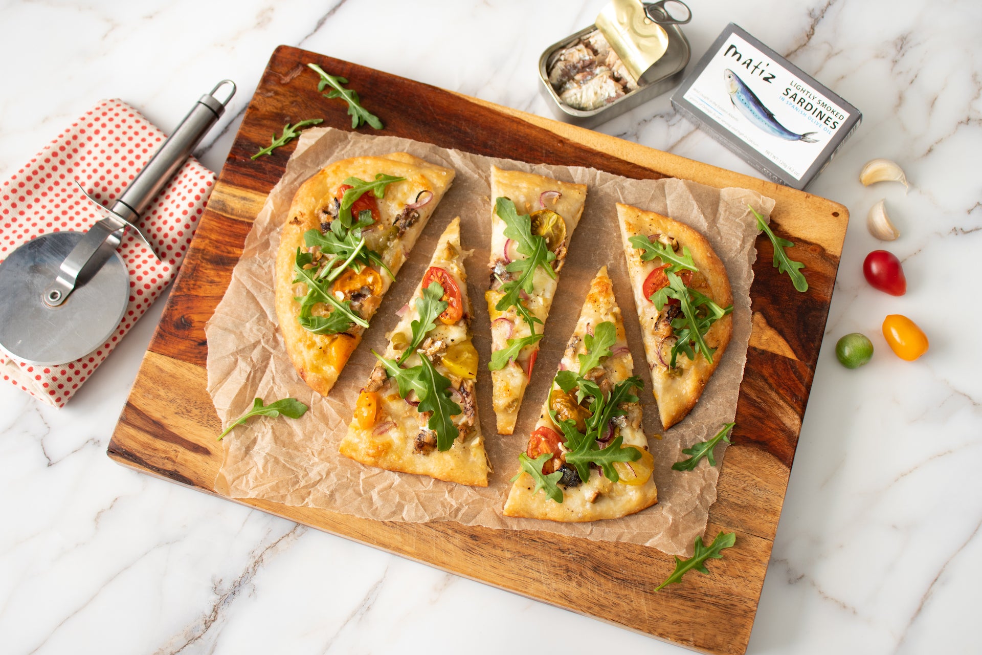 Mediterranean Smoked Sardine Flatbread Pizza