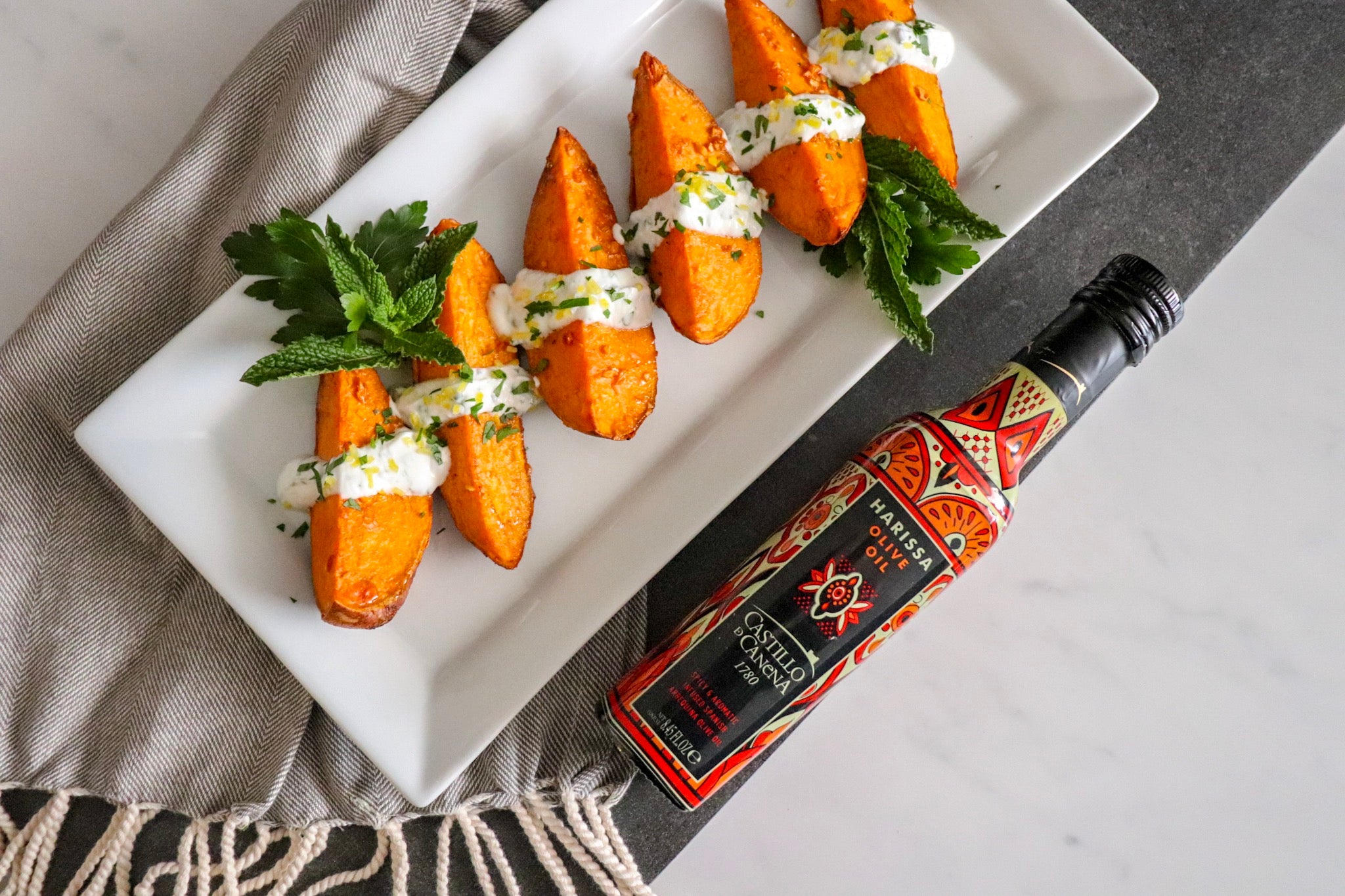 Harissa Roasted Sweet Potatoes with Herbed Yogurt