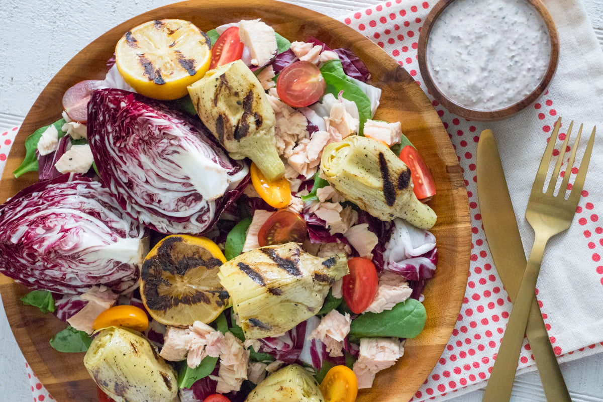 Tuna and Grilled Artichoke Salad with Olive Aioli