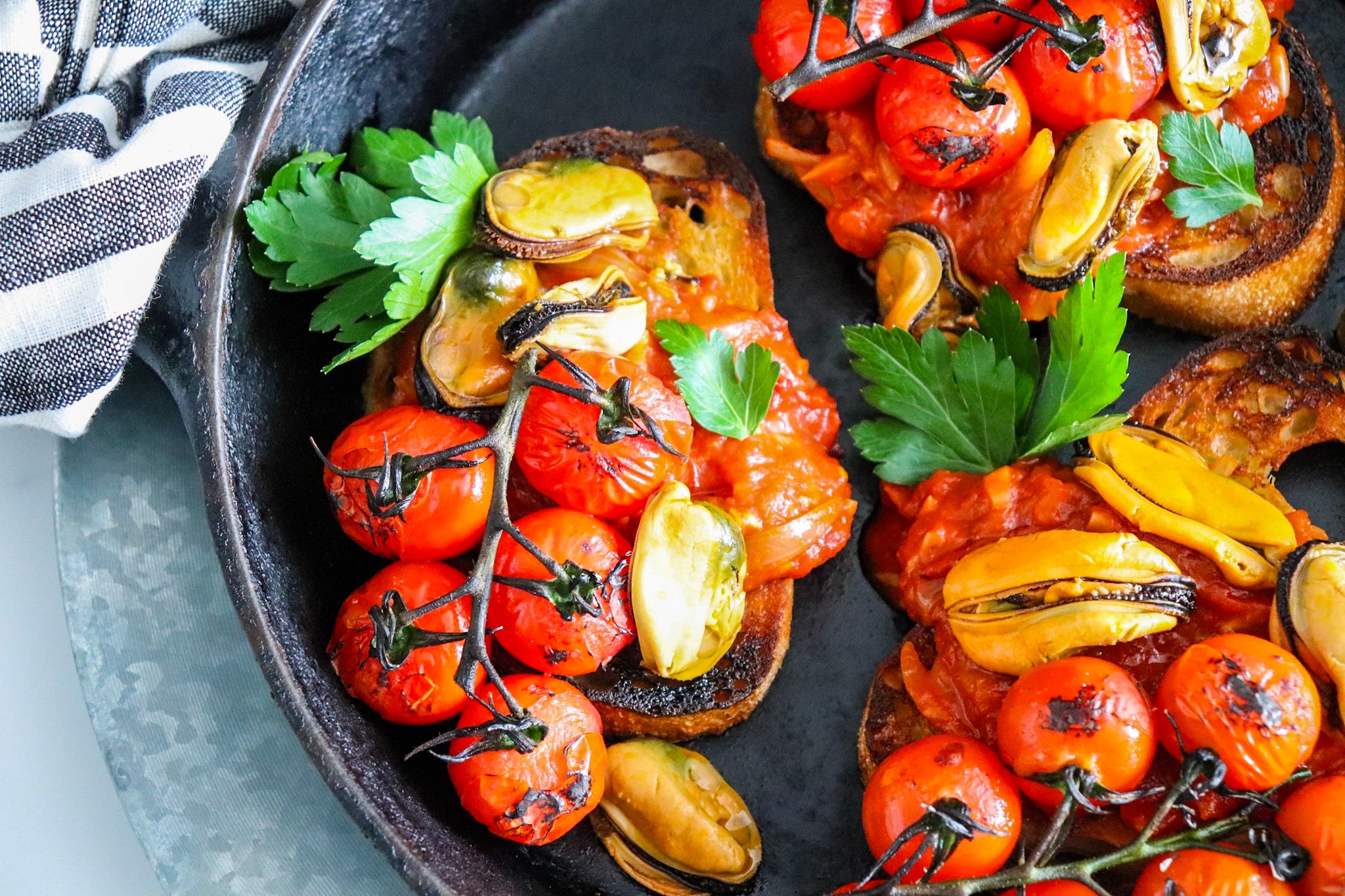 Tomato and Mussels on Charred Toast