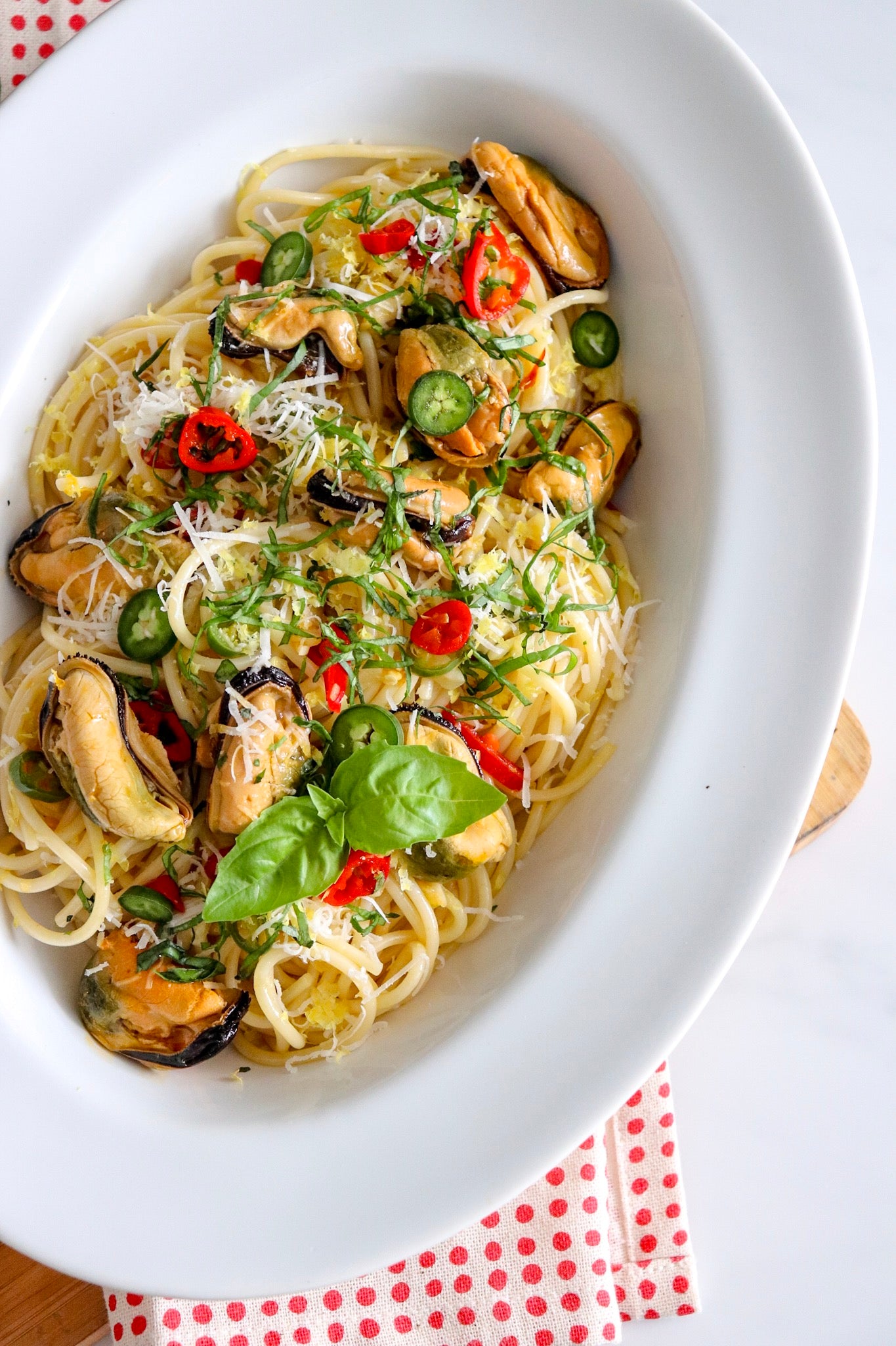 Mussels with Chilies, Basil and Lemon over Spaghetti