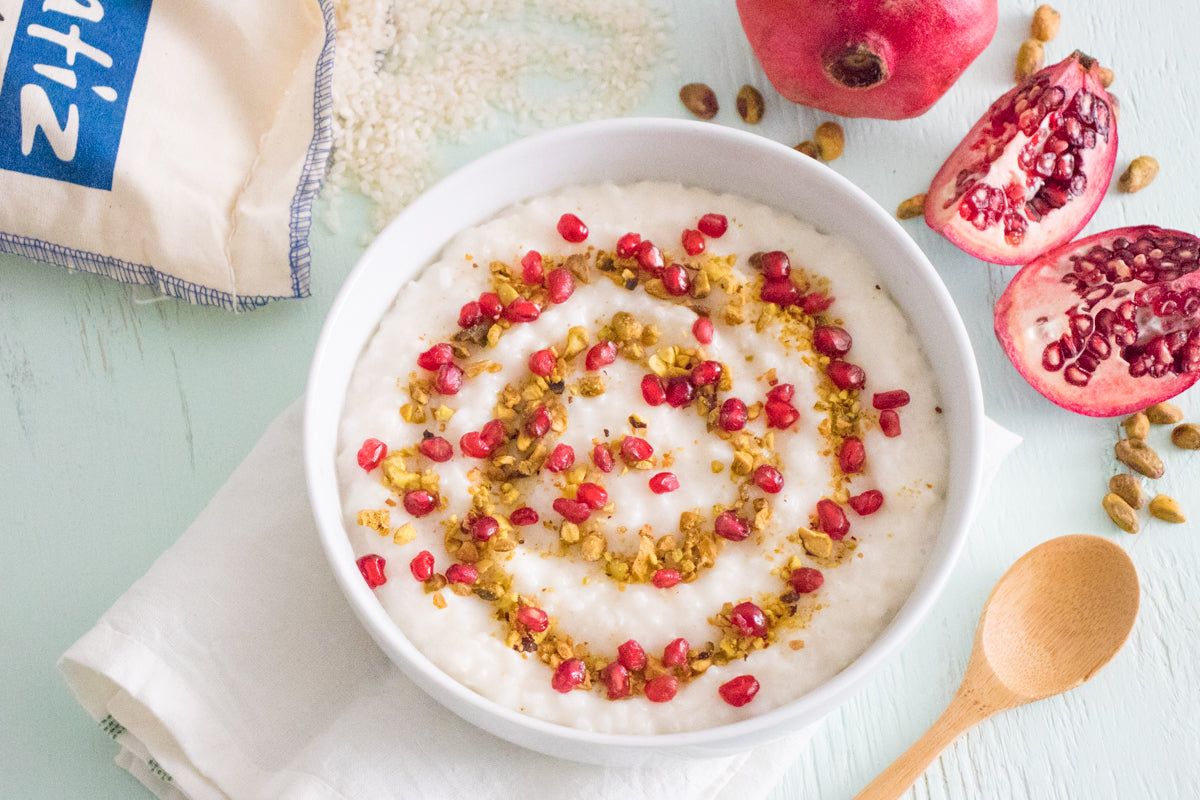 Bomba Rice Porridge with Pomegranate and Pistachios