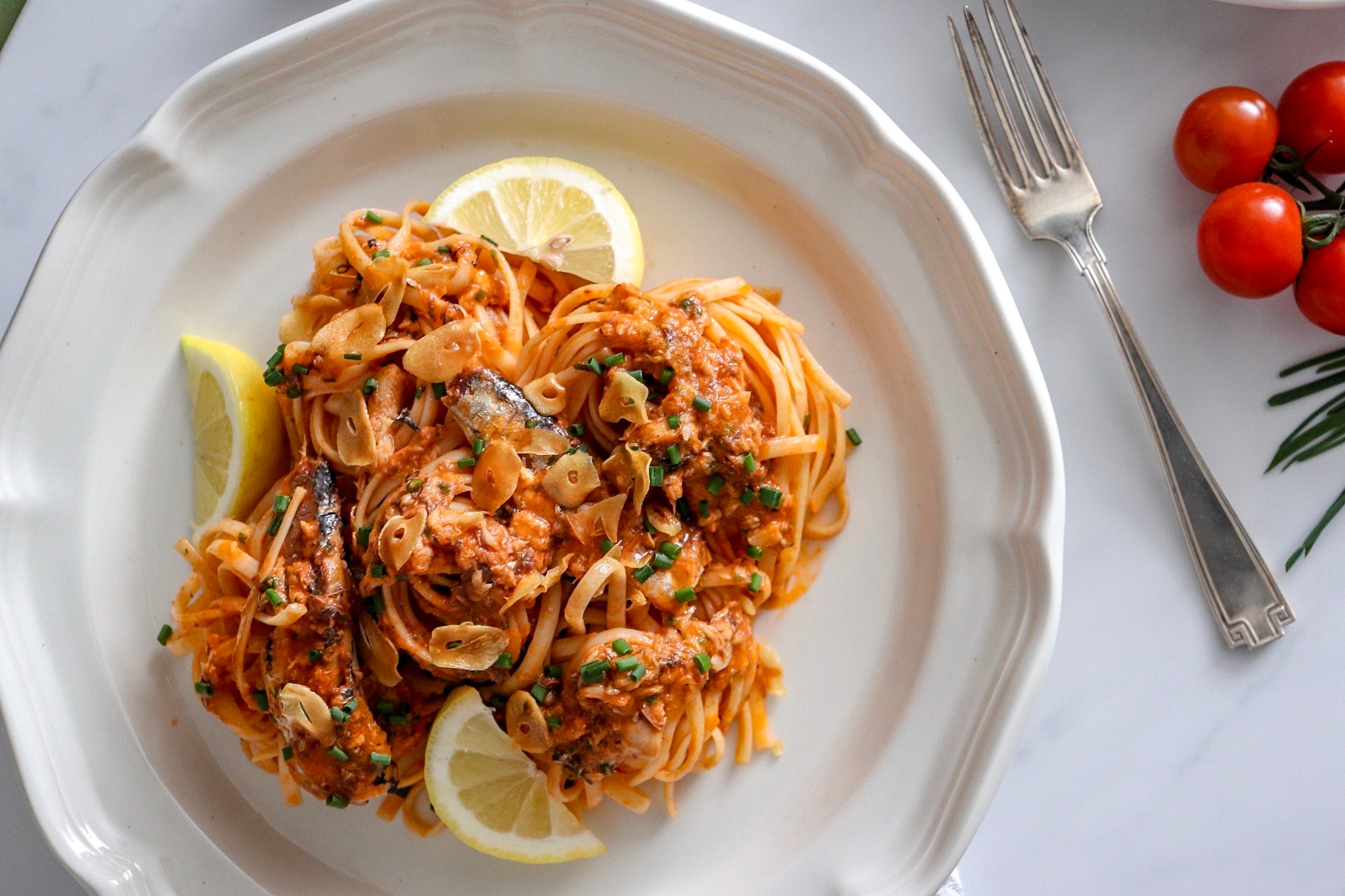 Spicy Sardine Linguine with Tomato Butter, Chives and Crispy Garlic